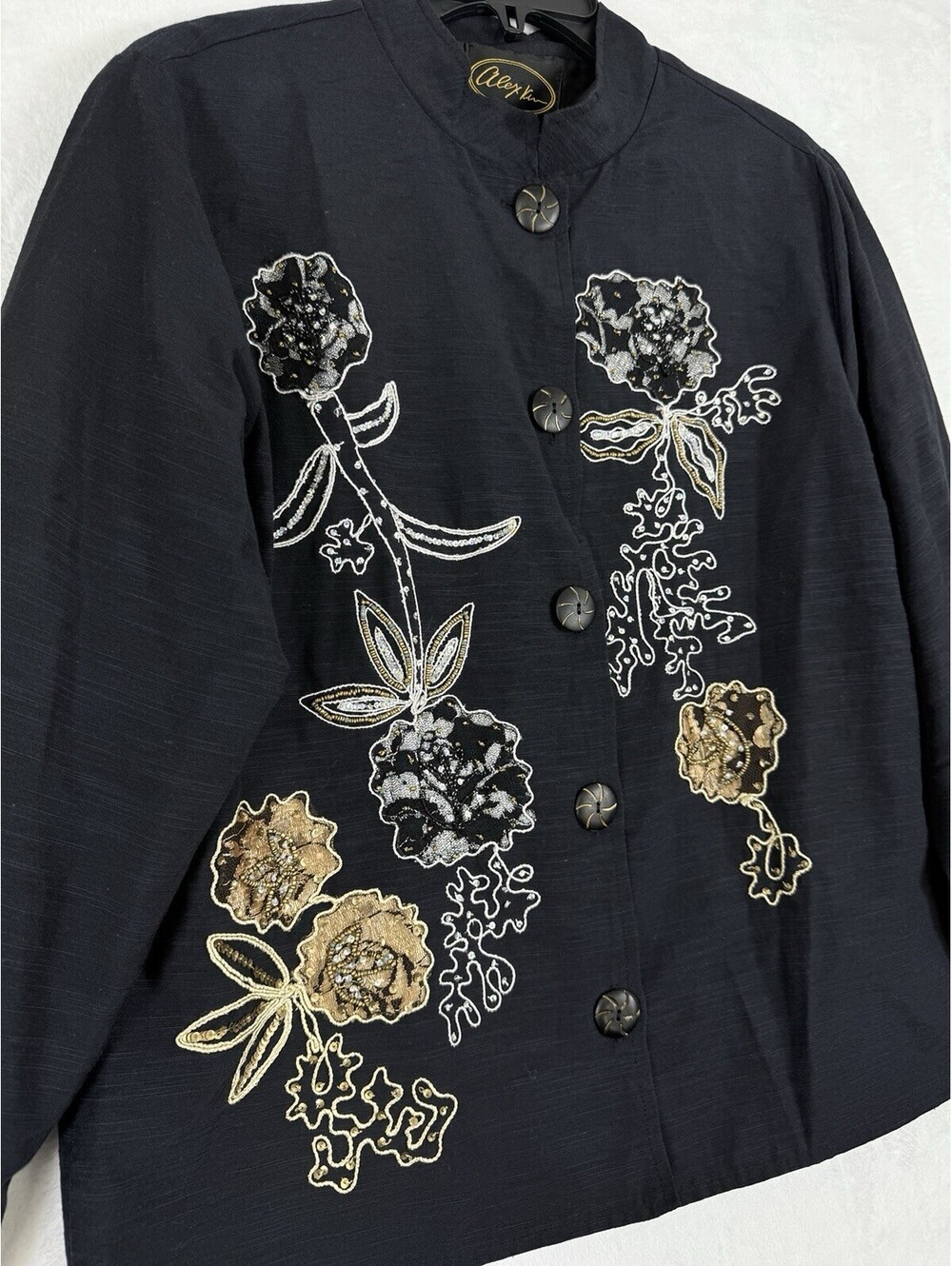 Alex Kim Jacket Medium Black Floral Sequins Beaded Embroidered Embellished Women